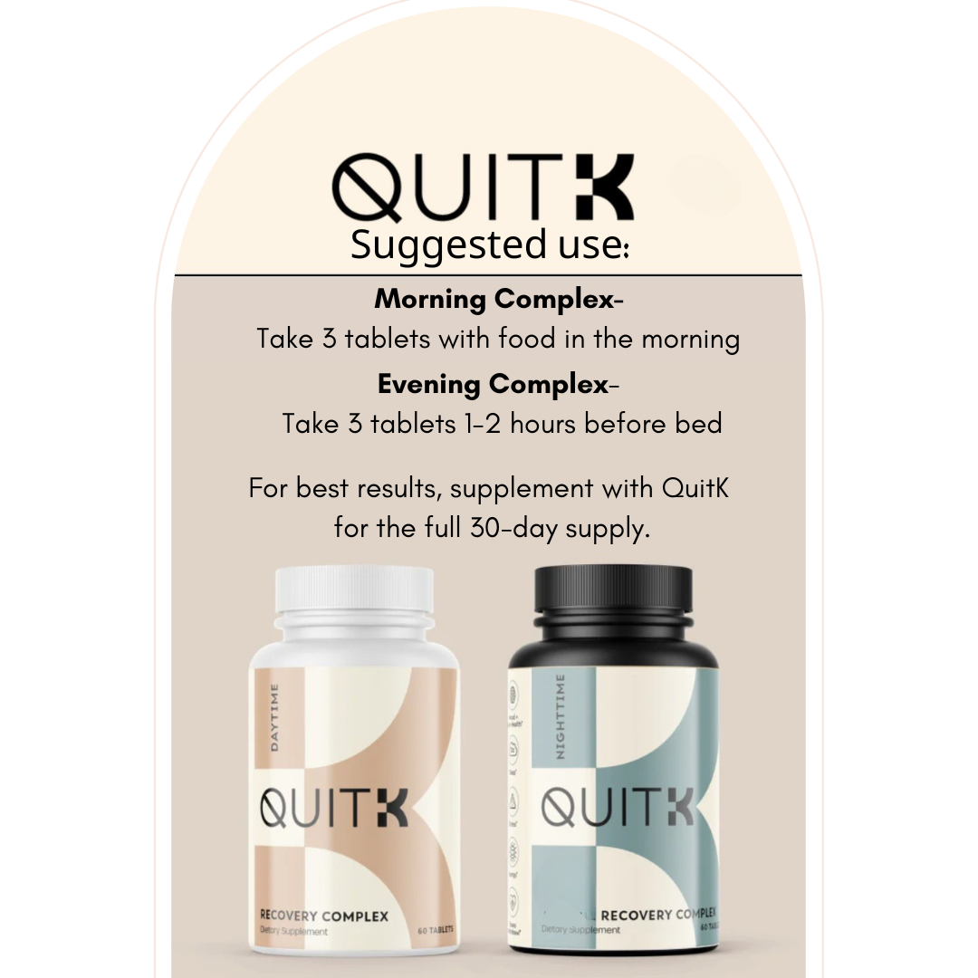 QuitK Daytime and Nighttime Recovery Complex supplement for kratom, 7-oh, and opioid withdrawal support, easing cravings, improving mood, boosting energy, and promoting restful sleep.