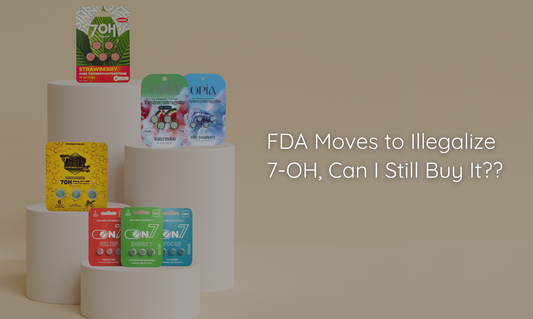 Display of various 7-OH product packages, including brands like OPIA, EDP, and ON7, arranged on white cylindrical platforms with the headline "FDA Moves to Illegalize 7-OH, Can I Still Buy It??" on a neutral beige background.