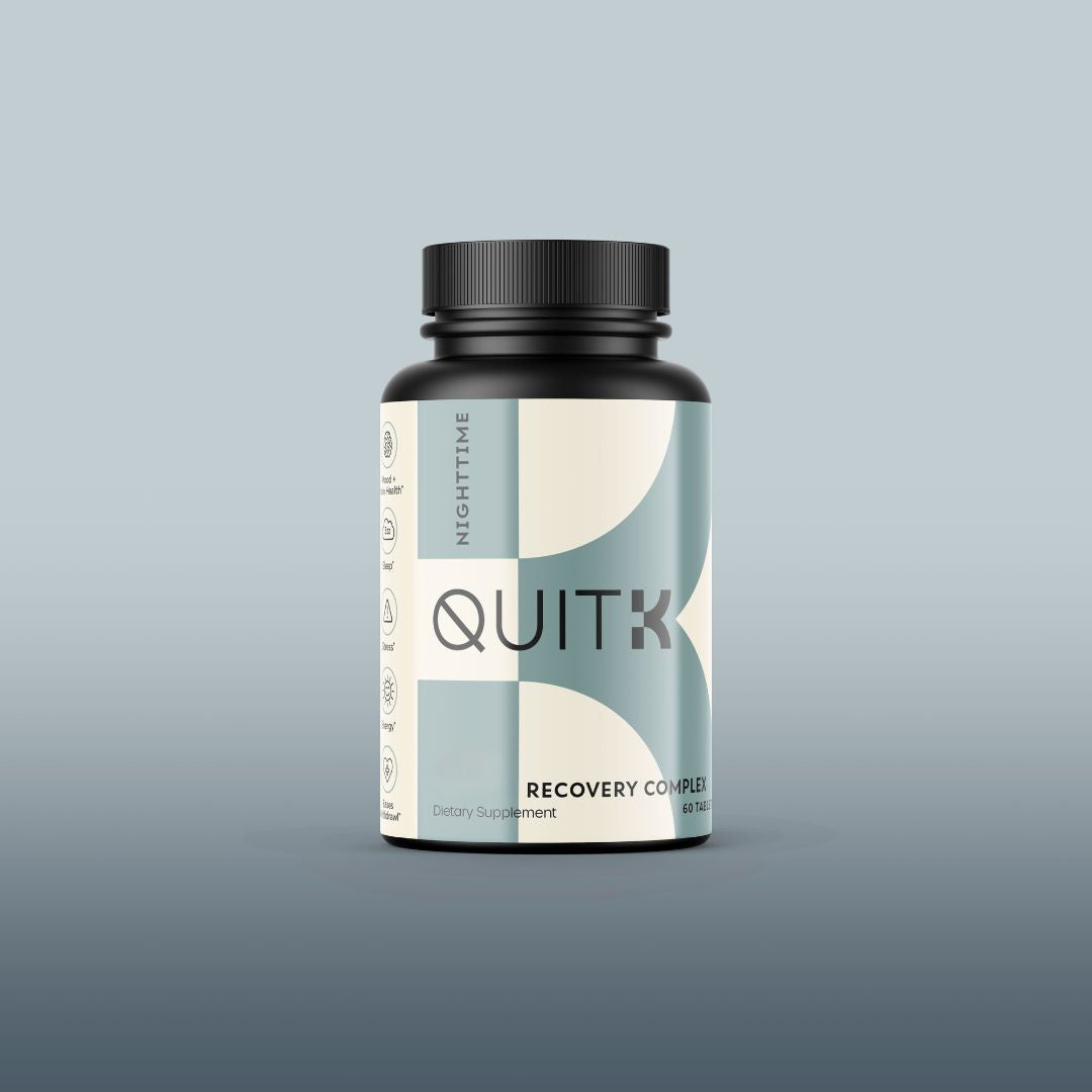 QuitK Nighttime Recovery Complex natural supplements to help ease kratom, 7-oh, and opioid withdrawal symptoms