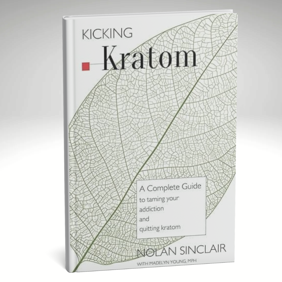 This image displays the cover of the book titled "Kicking Kratom: A Complete Guide to Taming your Addiction and Quitting Kratom" by Nolan Sinclair, with a foreword by Madelyn Young. The cover features a minimalist design with a grey background and a large, detailed leaf vein pattern in the center, which partially obscures the text.