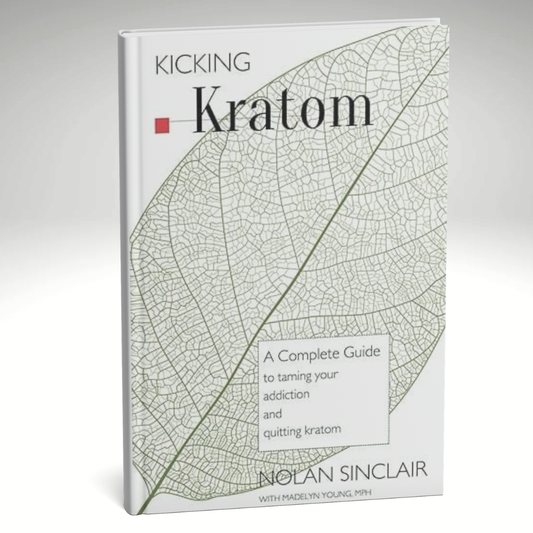 This image displays the cover of the book titled "Kicking Kratom: A Complete Guide to Taming your Addiction and Quitting Kratom" by Nolan Sinclair, with a foreword by Madelyn Young. The cover features a minimalist design with a grey background and a large, detailed leaf vein pattern in the center, which partially obscures the text.