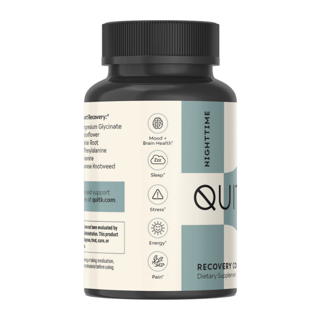 QuitK Daytime and Nighttime Recovery Complex supplement for kratom, 7-oh, and opioid withdrawal support, easing cravings, improving mood, boosting energy, and promoting restful sleep.