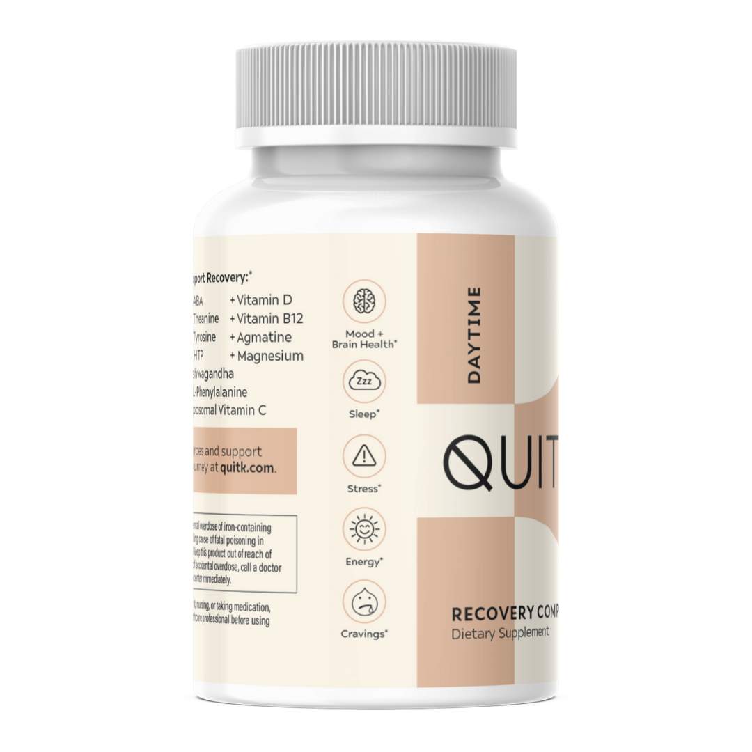 QuitK Daytime and Nighttime Recovery Complex supplement for kratom, 7-oh, and opioid withdrawal support, easing cravings, improving mood, boosting energy, and promoting restful sleep.