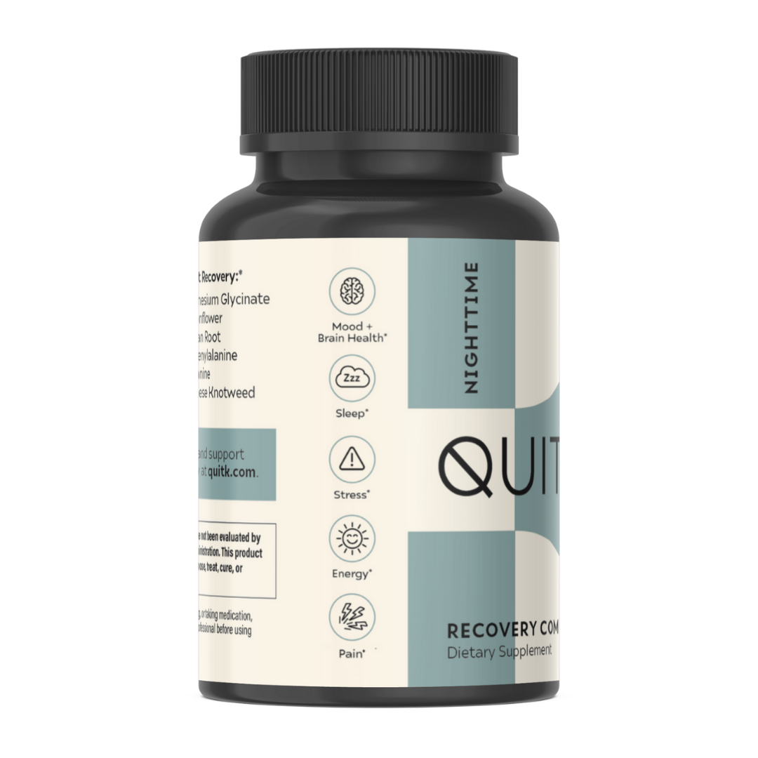 QuitK Nighttime Recovery Complex natural supplements to help ease kratom, 7-oh, and opioid withdrawal symptoms