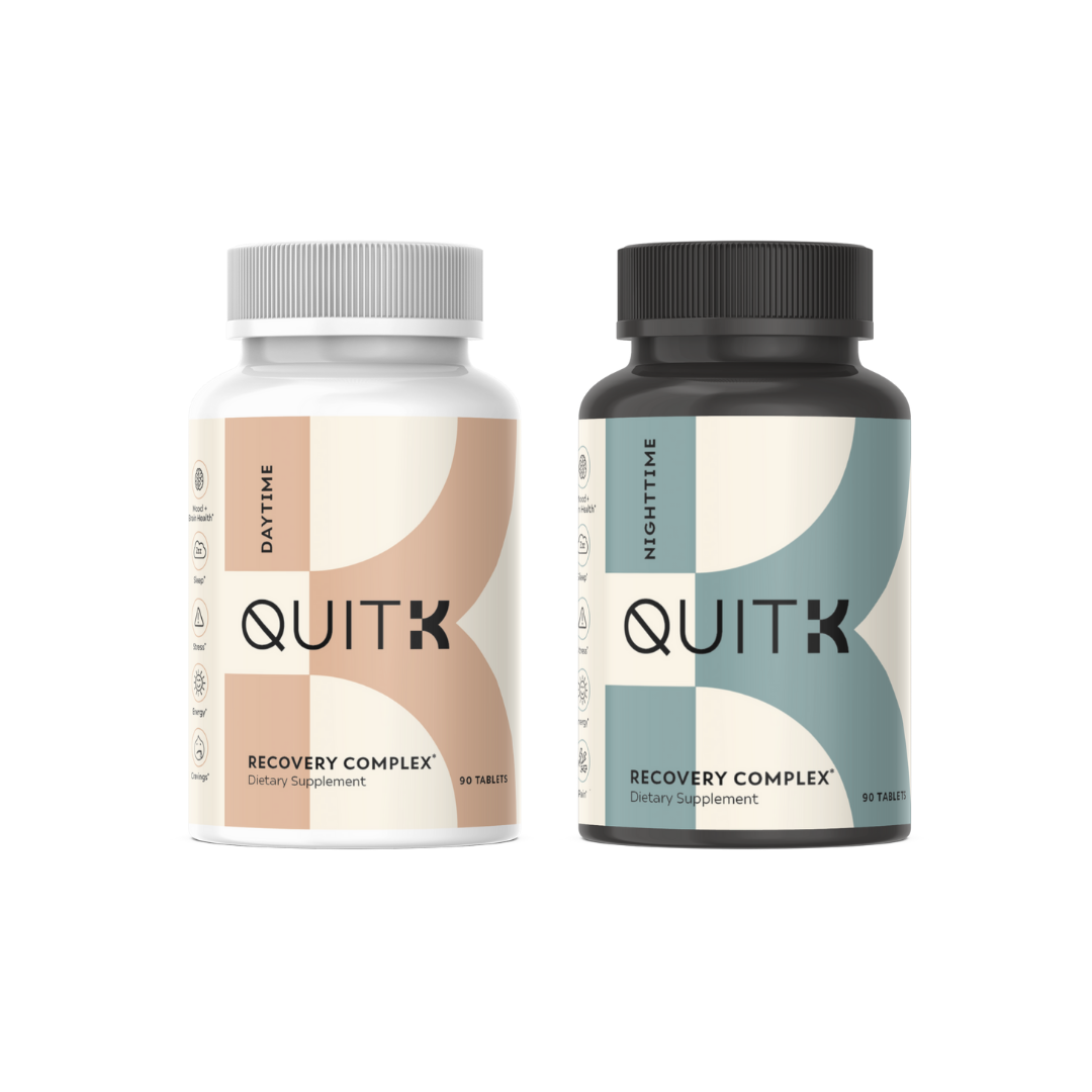 QuitK Daytime and Nighttime Recovery Complex supplement for kratom, 7-oh, and opioid withdrawal support, easing cravings, improving mood, boosting energy, and promoting restful sleep.