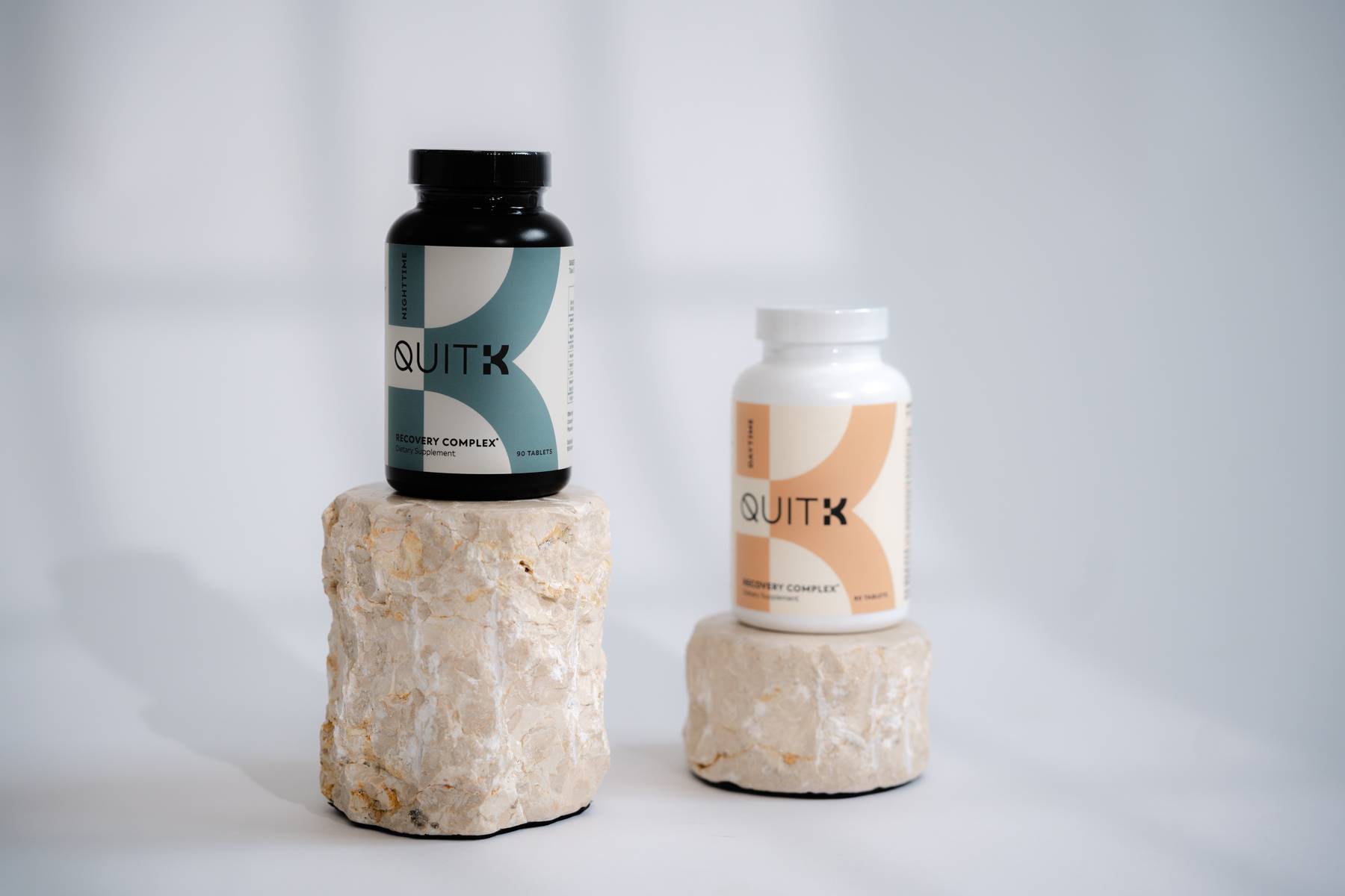 QuitK Daytime and Nighttime Recovery Complex supplement for kratom, 7-oh, and opioid withdrawal support, easing cravings, improving mood, boosting energy, and promoting restful sleep.