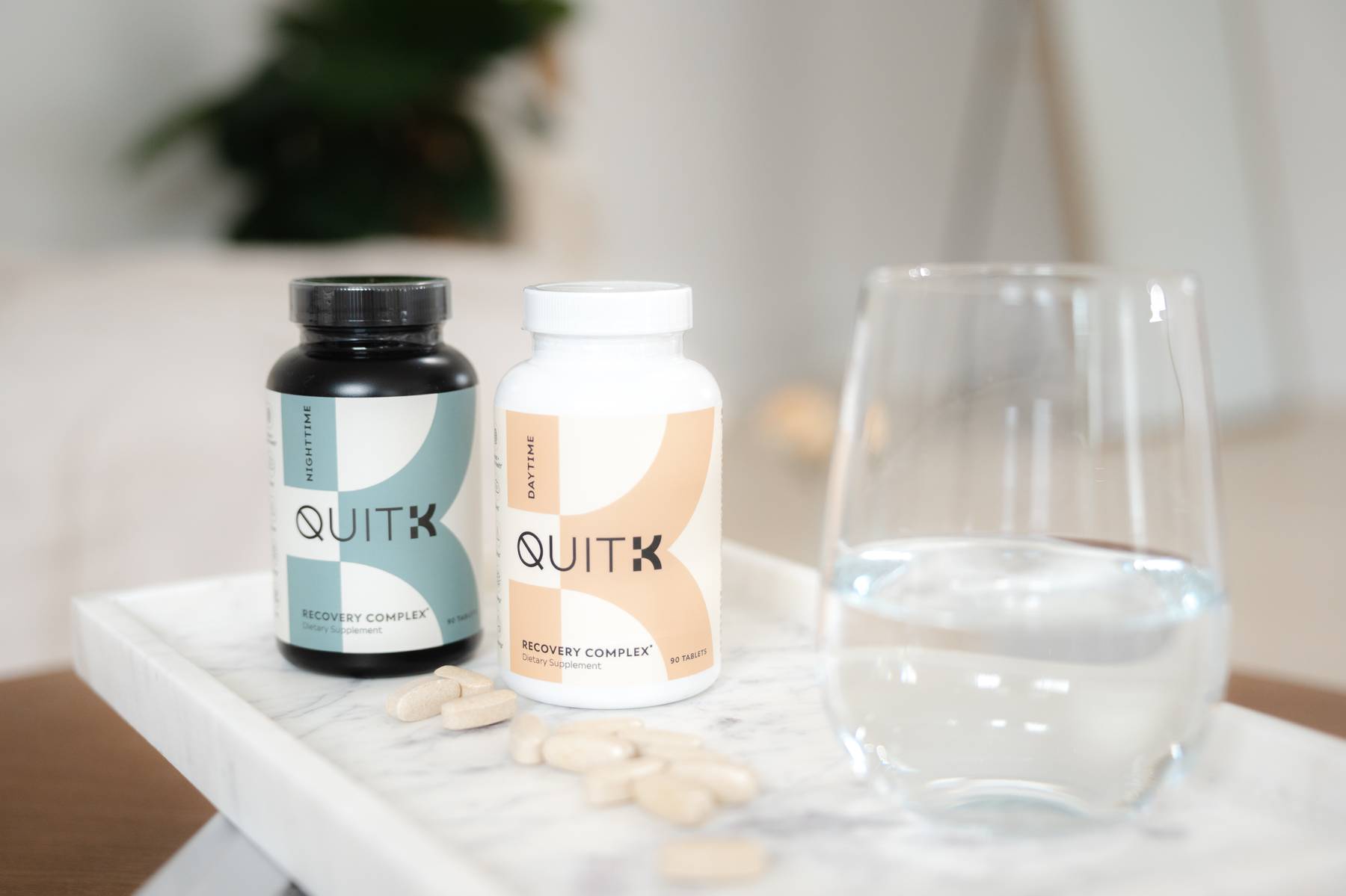 QuitK Daytime and Nighttime Recovery Complex supplement for kratom, 7-oh, and opioid withdrawal support, easing cravings, improving mood, boosting energy, and promoting restful sleep.