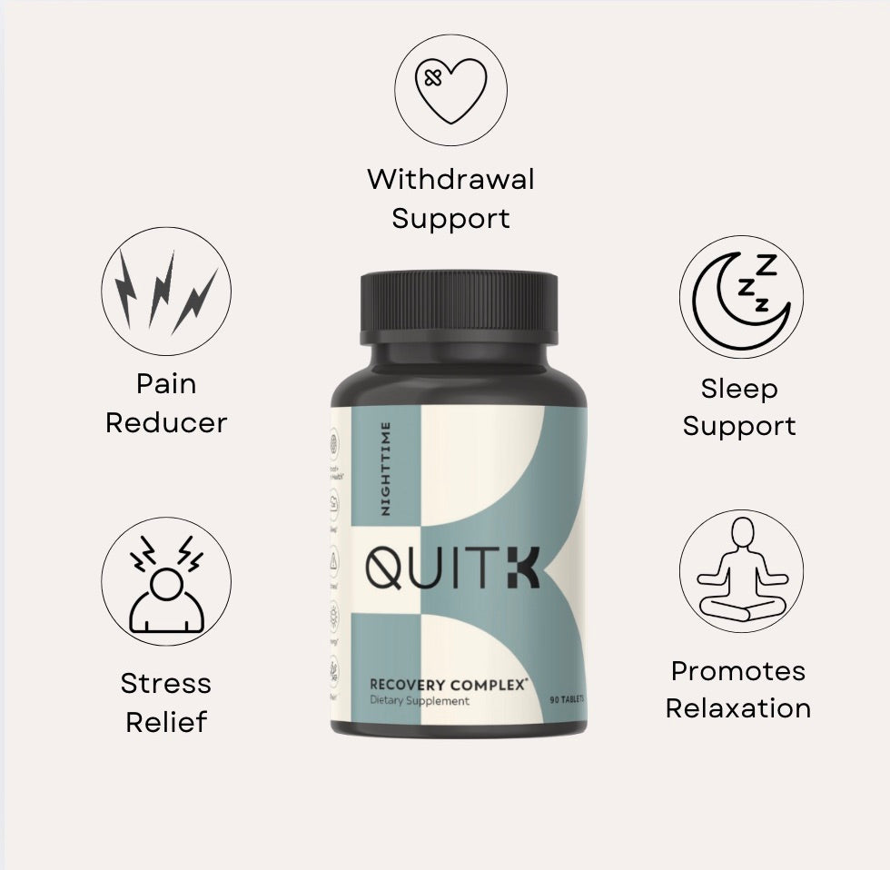 QuitK Nighttime Recovery Complex natural supplements to help ease kratom, 7-oh, and opioid withdrawal symptoms. How do supplements help ease withdrawal symptoms? 
