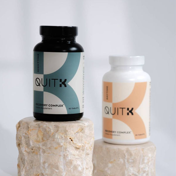 QuitK Daytime and Nighttime Recovery Complex supplement for withdrawal support, easing cravings, improving mood, boosting energy, and promoting restful sleep.